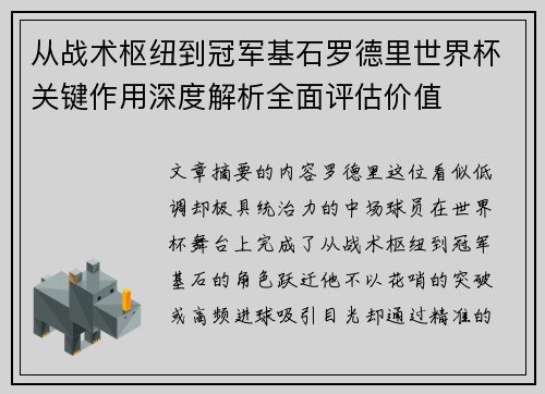 从战术枢纽到冠军基石罗德里世界杯关键作用深度解析全面评估价值
