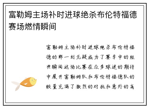 富勒姆主场补时进球绝杀布伦特福德赛场燃情瞬间